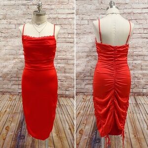 Princess Polly Red Spaghetti Strap Lace Neckline Ruched Satin Dress Size 6
